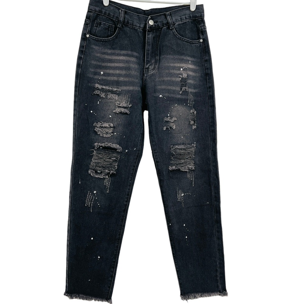 Fashion Jeans Women's Distressed Splatter Raw Hem Black Jeans Size M (29x29)